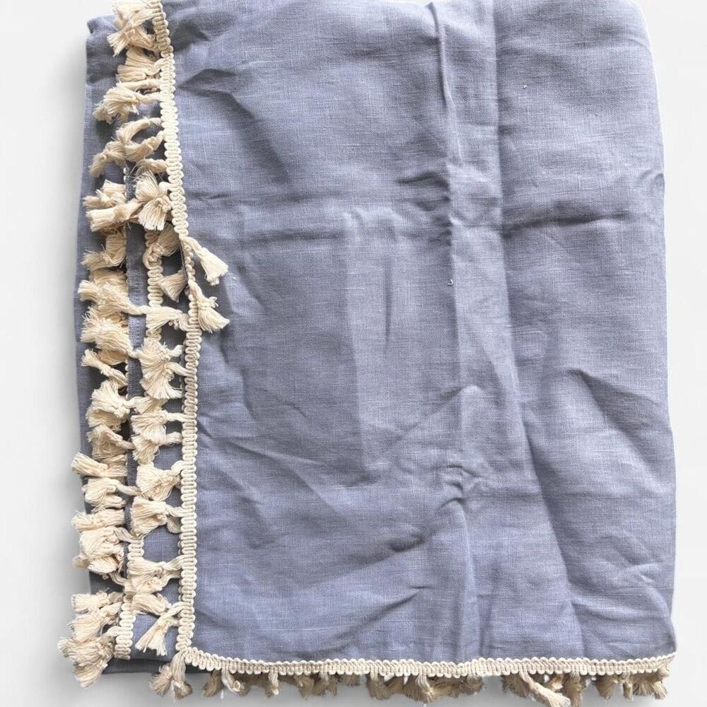 100% Linen Blue Throw Blanket Blue Tassels 58x49 Decorative Couch Sofa Decor NWT
